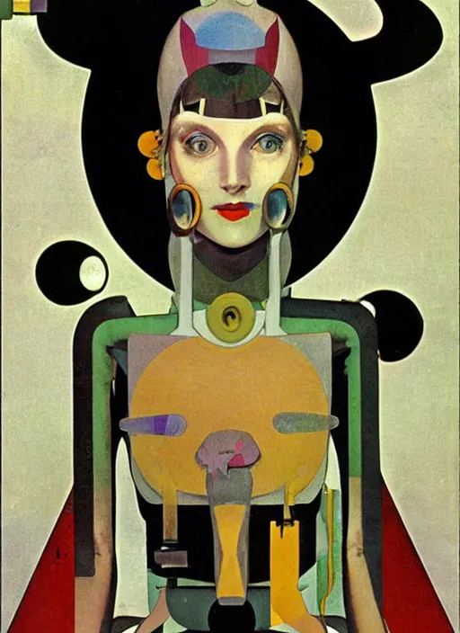Prompt: cute punk goth fashion fractal alien martian girl with wearing a television tube helmet and kimono made of circuits and leds, surreal Dada collage by Man Ray Kurt Schwitters Hannah Höch Alphonse Mucha Beeple
