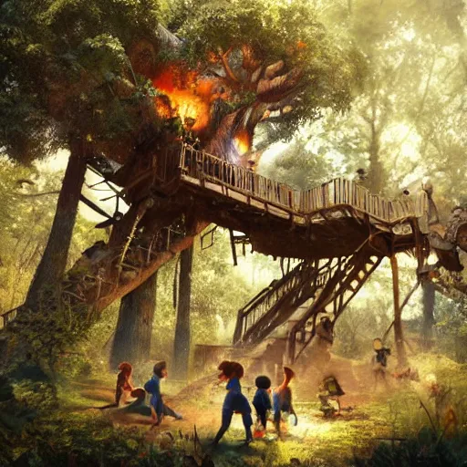 Image similar to The battle for the treehouse, small group of kids trying to take a treehouse from another small group of kids, artwork by Craig Mullins,Movie poster, detailed, trending on artstation, isometric