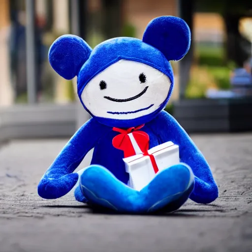 Image similar to blue'snappy gifts'human - sized plush doll, on sidewalk, holding gift, happy atmosphere, high detail, soft lighting, 8 k