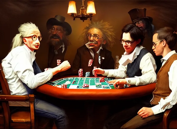 Image similar to playing poker in a saloon, Isaac Newton and Stephen Hawking and Albert Einstein, by Mandy Jurgens, trending on artstation, Richard Schmid and norman rockwell