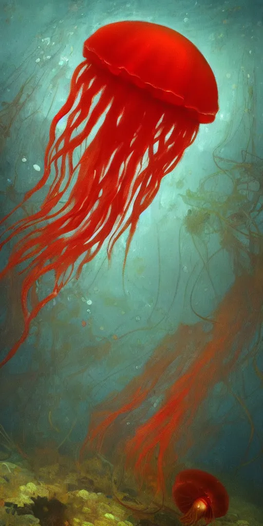 Prompt: a beautiful red jellyfish in an underwater kelp forest, painted by ilya repin, trending on artstation