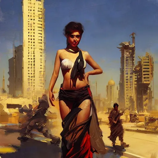 Image similar to greg manchess painting of baghdad in the year 2 0 7 7, painting, cyberpunk style, trending on artstation, by huang guangjian and gil elvgren and sachin teng