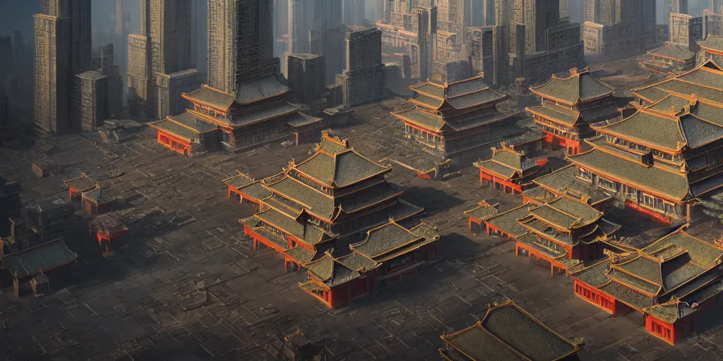 Prompt: a very high resolution image from a new movie, forbidden city and chinese tower in front of the towering skyscrapers, cyberpunk building, fantasy, wideshot, photorealistic, photography, directed by wes anderson, octane render sci - fi, engine room, digital art, highly detailed