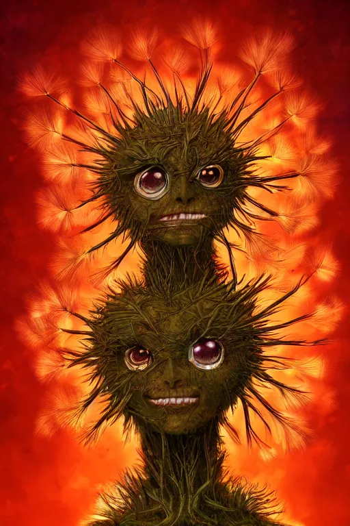 Image similar to a humanoid figure dandelion plant monster, orange eyes, highly detailed, digital art, sharp focus, ambient lighting, trending on art station, anime art style