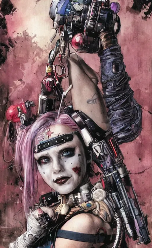 Image similar to a dream portrait of cyberpunk Harley Quinn in post apocalyptic Gotham art by Paul Dini, Travis Charest, Simon Bisley