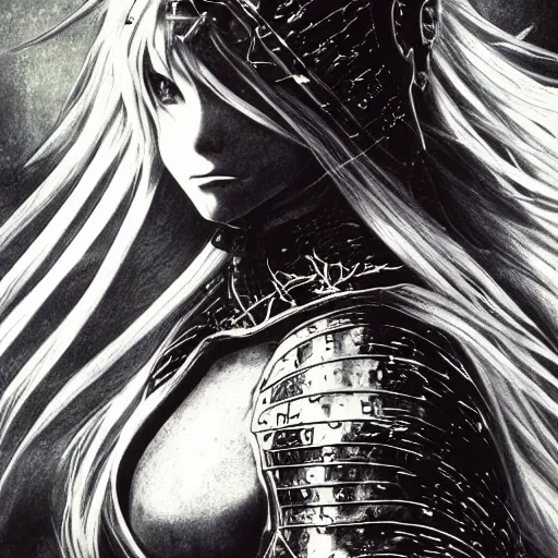 Image similar to Yoshitaka Amano realistic illustration of an anime girl with wavy white hair and cracks on her face wearing dark souls armour with the cape fluttering in the wind, abstract black and white patterns on the background, noisy film grain effect, highly detailed, Renaissance oil painting, weird portrait angle