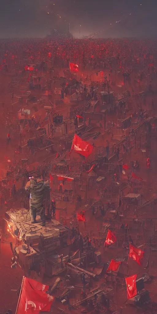 Image similar to Workers struggle against the bourgeoisie, workers revolution, red flags, Greg Rutkowski, Simon Stalenhag, Wasim Kashin digital art, trending on artstation, cinematic