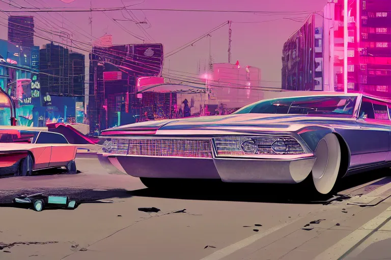 Prompt: 3 5 mm low angle photo concept science fiction car 1 9 6 4 tesla cadillac sixteen on a city street, gta 5, hyper detailed, smooth, high contrast, volumetric lighting, octane, jim lee, giorgetto giugiaro, craig mullins, chris bangle, ian callum!, miami synthwave, moebius, vibrant rich deep color, comic book