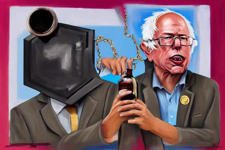 Prompt: Bernie Sanders as rap artist in the hood with gold chains and gold teeth, drinking cough syrup, carrying an Uzi, oil on canvas, artstation, portrait, masterpiece, aesthetic