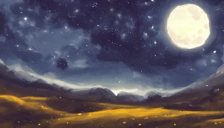 Prompt: a beautiful landscape at night, big moon on the right, stars in the sky, painting, dark blue tones, concept art, 4 k