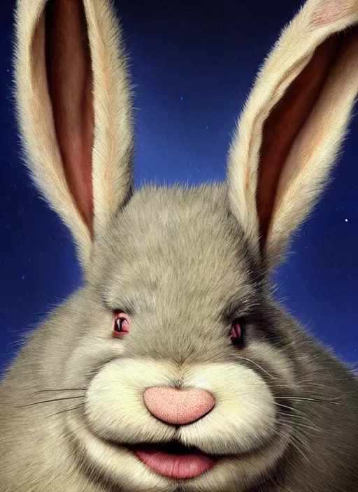 Image similar to hyper realistic, portrait of a derpy big chungus, with bunny rabbit ears, very fuzzy, furry, smoking weed, big smile, buck teeth, bright balanced lighting, by greg rutkowski, scott m fischer, artgerm, loish, slight glow, atmospheric, anne stokes, alexandros pyromallis, 4 k, 8 k