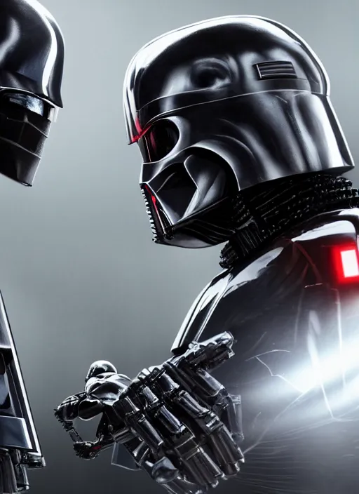 Image similar to Film poster, RoboCop VS Darth Vader, faces look at each other, detailed and realistic, 4k, filmic render