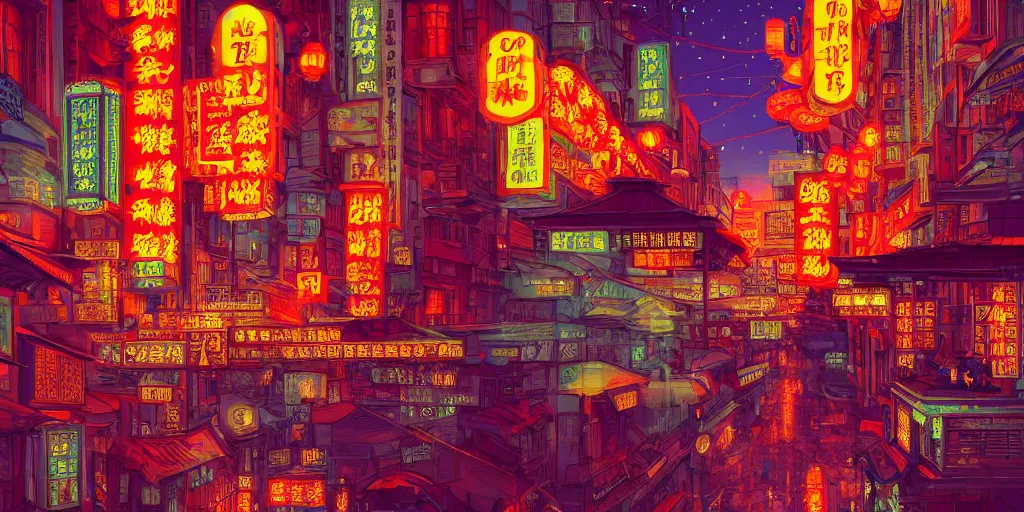 Prompt: old chinatown that never sleeps, neon lights, mythology, fairy tale, urban landscape, evening, highly detailed, low angle view, artstation, in the style of aetherpunk