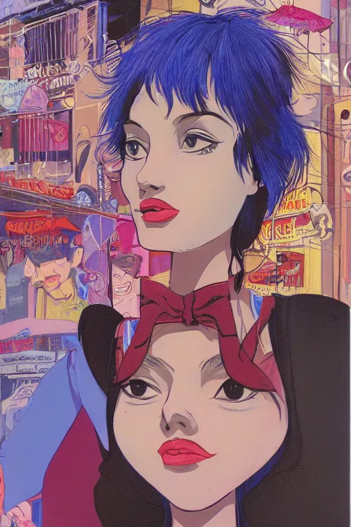 Image similar to portrait of an attractive young female protagonist, center focus, in city street, surreal, colorful, detailed artwork by ralph bakshi