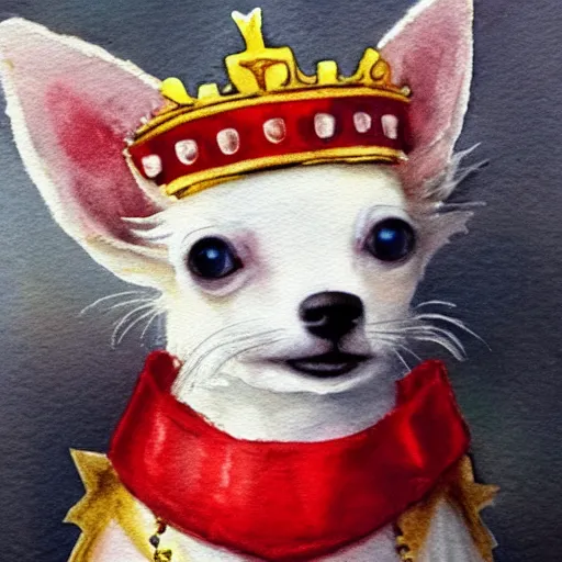 Prompt: fluffy white chihuahua king wearing a red and gold crown cinematic composition, watercolor, cute