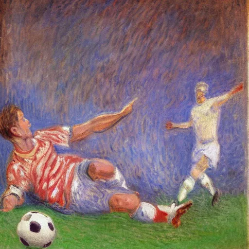 Image similar to monet painting of a skinny blonde man getting hit in the groin with a soccer ball, highly detailed, realistic,