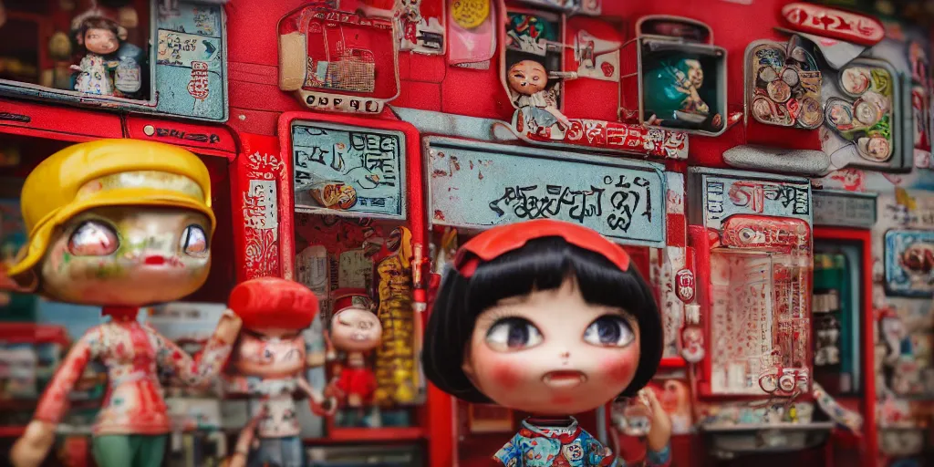 Image similar to closeup portrait of tin toy retro tokyo corner store diorama, depth of field, zeiss lens, detailed, centered, photoshoot, by nicoletta ceccoli, mark ryden, lostfish, breathtaking, 8 k resolution, extremely detailed, beautiful, establishing shot, artistic, hyperrealistic, octane render, - h 8 0 4
