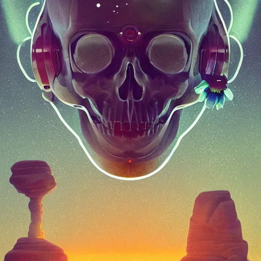 Prompt: beautiful dark landscape, astronaut with a skull head, beautiful flowers growing, in the style of beeple and Mike Winkelmann, intricate, epic lighting, cinematic composition, hyper realistic, 8k resolution,