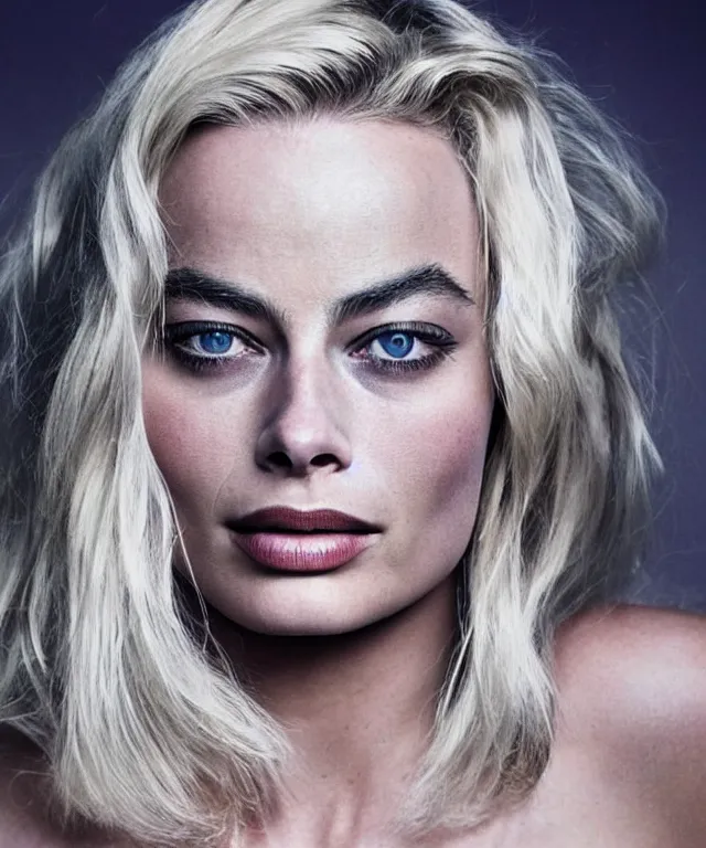 Image similar to a color photograph of margot robbie, by james nachtwey, platinum blond, intense, bold, exaggerated, ultra sharp, extra details, ultra high quality, trending on pinteresst