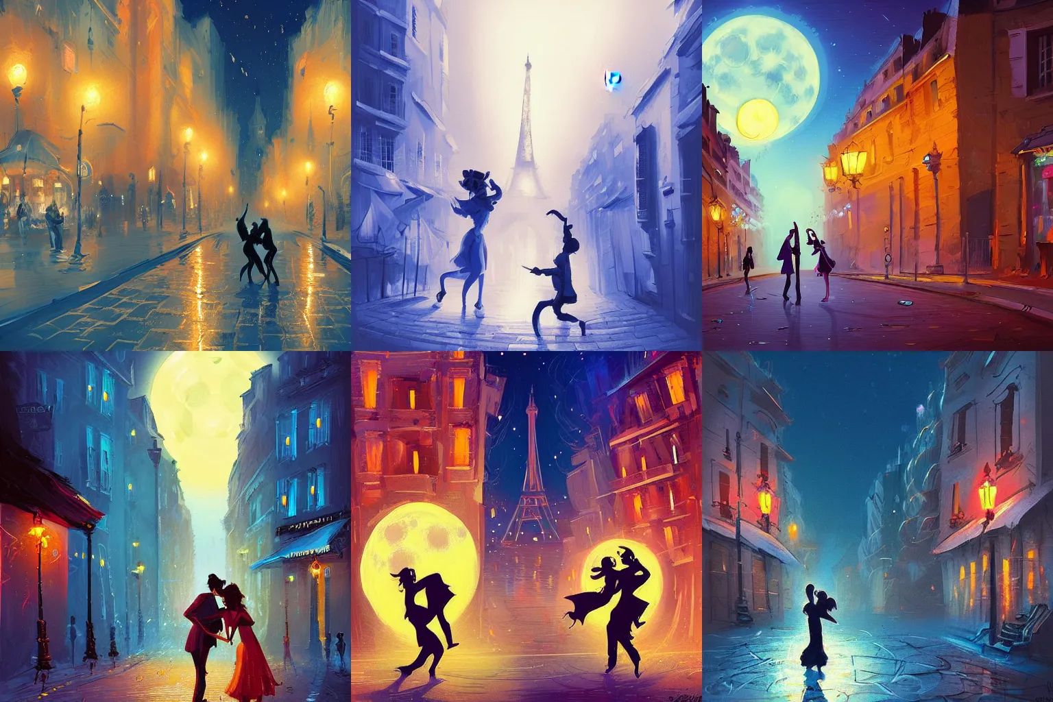 Prompt: intricate digital painting of a couple passionately dancing in a street in paris at night, blue moonlight, giant moon, by Anton Fadeev and Christian Dimitrov, concept art, romantic, trending on artstation,