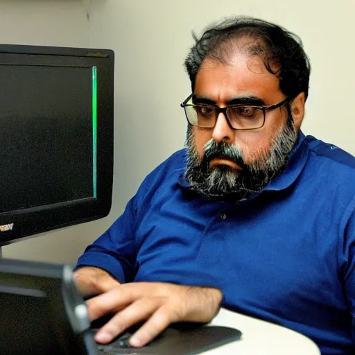 Image similar to fat Inderjit Gill sitting at a computer looking lost, photograph, high quality