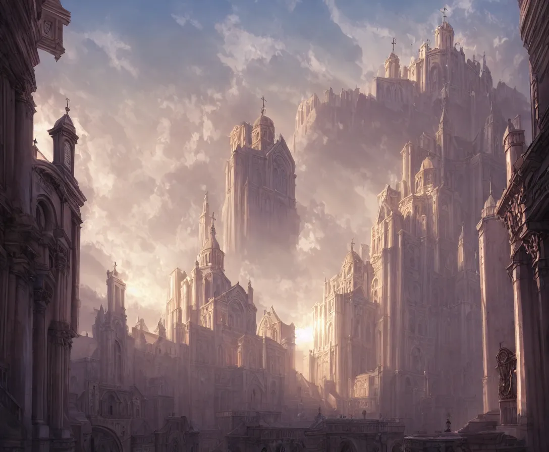 Image similar to highly detailed concept art of authoritarian pearly white medieval city, roman architecture with religious iconography, sunbeams, art by jonathan berube, digital painting, fantasy, d & d, beautiful, illustration