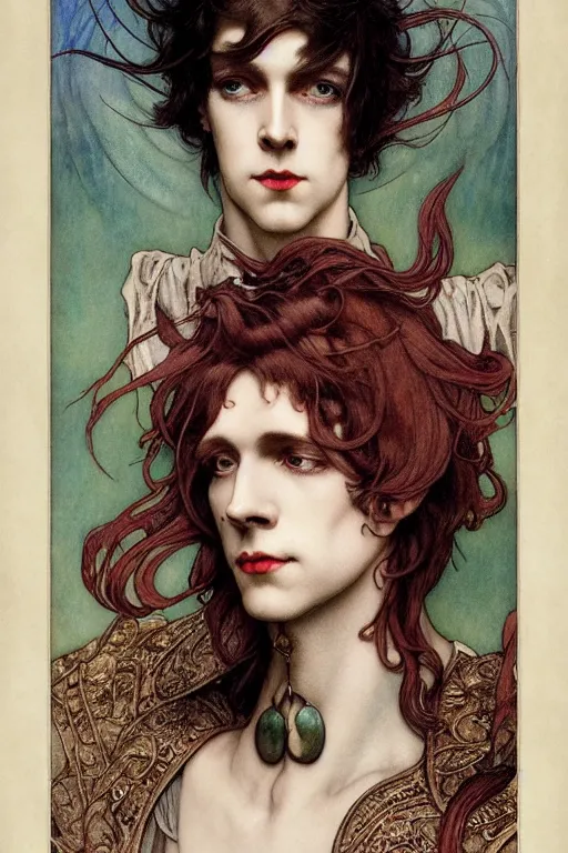 Image similar to edmund dulac, leyendecker, highly detailed portrait, a beautiful androgynous sebastian michaelis, long hair, tall and thin, wearing several pendants, art nouveau, stephen bliss, unreal engine, by greg rutkowski, loish, ferdinand knab, ilya kuvshinov, rossdraws, tom bagshaw, alphonse mucha, global illumination, radiant light