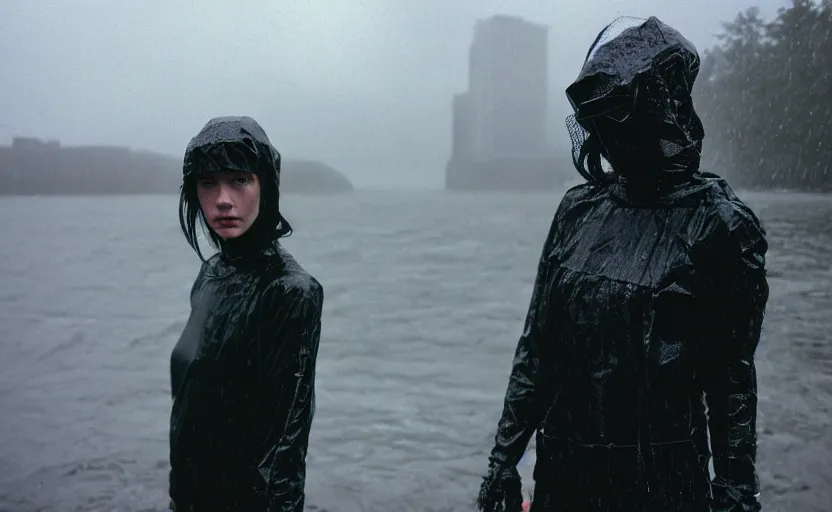 Image similar to cinestill 5 0 d candid photographic portrait by helen levitt of two loving female androids wearing rugged black mesh techwear in treacherous waters, extreme closeup, modern cyberpunk moody depressing cinematic, pouring rain, 8 k, hd, high resolution, 3 5 mm, f / 3 2, ultra realistic faces, ex machina