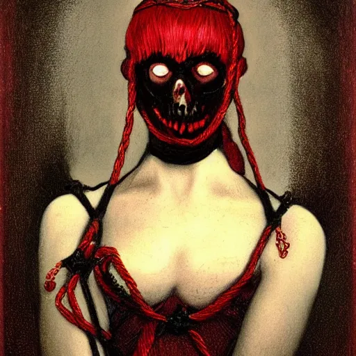 Image similar to dark portrait, death ultra red head woman in medieval dress, strangled with rope, bluish face, victorian style, high detail