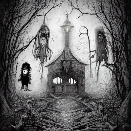 Image similar to grunge cartoon drawing of the end of the world by - michael karcz , in the style of corpse bride, loony toons style, horror themed, detailed, elegant, intricate