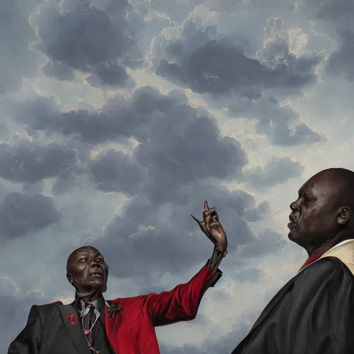 Image similar to a painting of a XXL wise elder from Kenya in a suit by Kehinde Wiley . dramatic angle, ethereal lights, details, smooth, sharp focus, illustration, realistic, cinematic, artstation, award winning, rgb , unreal engine, octane render, cinematic light, macro, depth of field, blur, red light and clouds from the back, highly detailed epic cinematic concept art CG render made in Maya, Blender and Photoshop, octane render, excellent composition, dynamic dramatic cinematic lighting, aesthetic, very inspirational, arthouse.