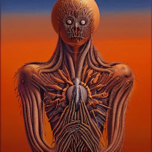 Image similar to the queen of the sun in the style of zdzisław beksiński and h.r. giger, oil on canvas, full body, open wide chest, intricately detailed artwork, full 8k high quality resolution, recently just found unknown masterpiece, renaissance painting, photorealism, 8k high detail, Sigma 85 mm f 1.4, Studio Light, Studio Ghibli, jacek yerka, alex gray, zdzisław beksiński, dariusz zawadzki, jeffrey smith and h.r. giger, oil on canvas, 8k highly professionally detailed, trending on artstation, her hair is thick and smooth, she is beautiful showing her true form