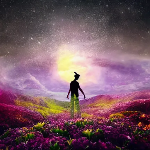 Image similar to A picture of a planet of various flowers, fungus and plants, in which the human figure is dressed in something magical and impressive, inside the picture is infinity, sunset light, Atmospheric phenomenon, artistic photography, muted colors, conceptual