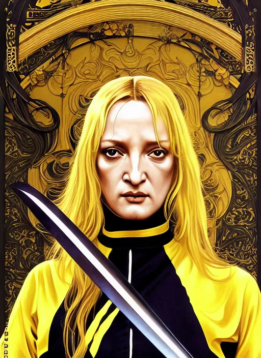 Prompt: uma thurman in kill bill, sword warrior, rococo and art nouveau fusion, swinging reflective katana, yellow jumpsuit with black stripe, highly detailed, deep focus, elegant, digital painting, smooth, sharp focus, illustration, ultra realistic, japanese art by artgerm and alphonse mucha