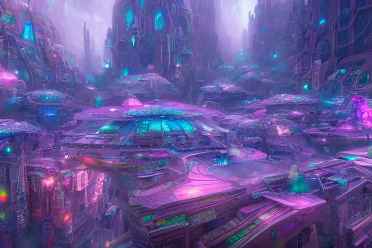 Image similar to a psychedelic city at the edge of existence where intensely creative astral beings live, in the style of wlop, illustration, epic, fantasy, hyper detailed, smooth, unreal engine, sharp focus, ray tracing