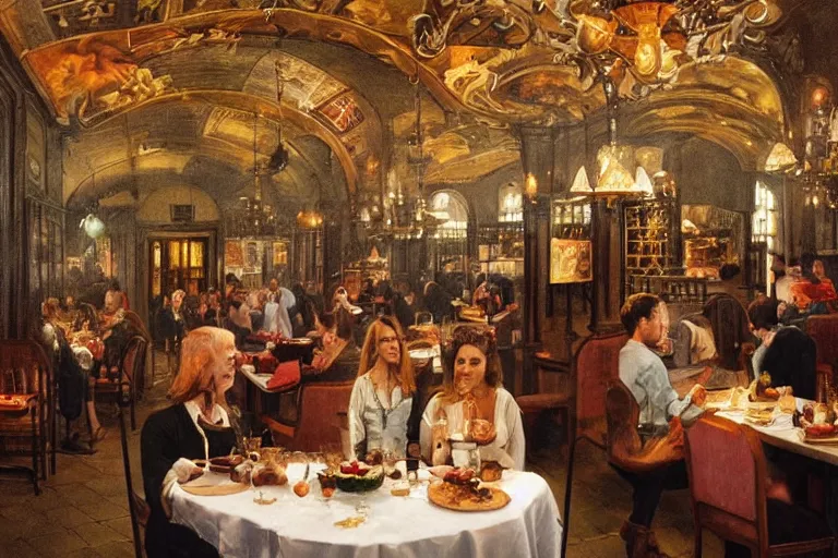 Prompt: people eating inside victorian restaurant, inferno dream by bosch