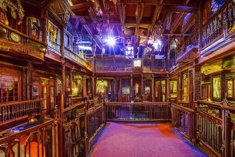 Image similar to full - color photo of the interior of the spooky winchester mystery house at night. the interior architecture and layout are illogical, surreal, bizarre, complicated, and labyrinthine. there is a faintly - visible victorian ghost lurking.