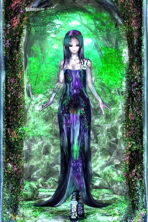 Image similar to cute female forest spirit wearing soft grunge floral cybernetic mughal valentino resort dress in a 3 d psx ps 2 jrpg style, esoteric scifi magical alien ruined cathedral sanctuary interior, fashion gameplay screenshot, highly detailed, bright