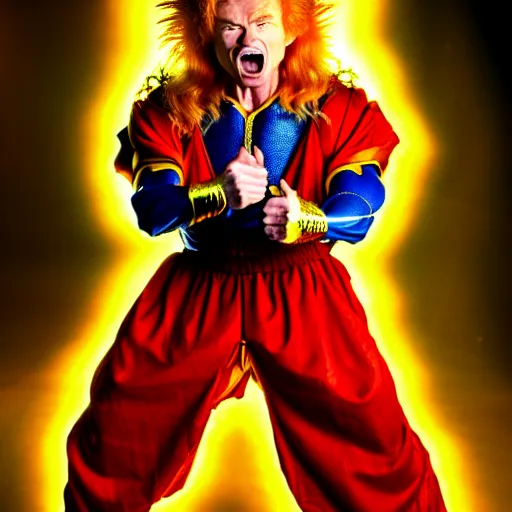Image similar to uhd candid photo of hyperdetailed dave mustaine as a super saiyan. correct face, intricate costume, cinematic lighting, photo by annie leibowitz, and akira toriyama