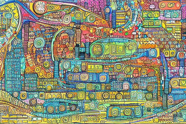 Image similar to an elaborate penned child illustration of a colorful intricate connected city of tubes and pipes, by martin handford and by jan van haasteren