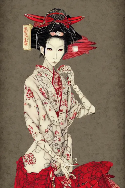 Prompt: emaciated japanese bjd geisha in victorian red dress in the style of dark - fantasy rorita fashion painted by yoshitaka amano, takato yamamoto, james jean, symmetrical vogue face portrait, volumetrics, intricate detail, artstation, cgsociety, artgerm, gold skulls, rococo
