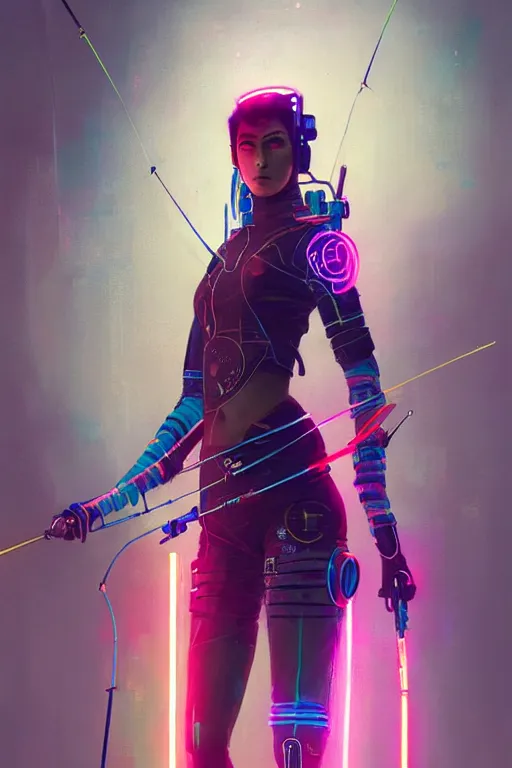 Image similar to female archer, cyberpunk futuristic neon. fencing, long sword in her hand, decorated with traditional japanese ornaments by ismail inceoglu dragan bibin hans thoma greg rutkowski alexandros pyromallis nekro rene maritte illustrated, perfect face, fine details, realistic shaded, fine - face, pretty face, masterpiece