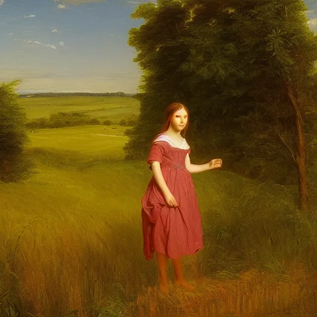 A girl standing in a field, facing the wheat field