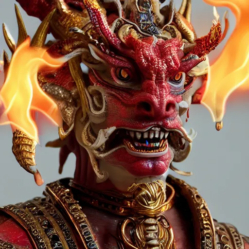 Image similar to a closeup portrait photo, alabaster and ruby real delicate ceramic porcelain sculpture of an ornate detailed humanoid dragon demon devil god in front of an intricate background by rafael, micro detail, backlit lighting, subsurface scattering, translucent, thin porcelain, fire, flames, amber, octane renderer, colorful, physically based rendering, trending on cgsociety