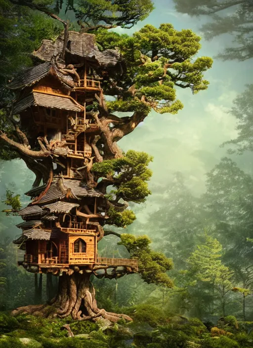 Prompt: beautiful mutlilevel wooden tree house tower in a gnarly bonsai in a ancient forrest, tree house city, ropes, dynamic lighting, cinematic, establishing shot, extremly high detail, foto realistic, cinematic lighting, post processed, concept art, artstation, matte painting, style by ghibli, myazaki