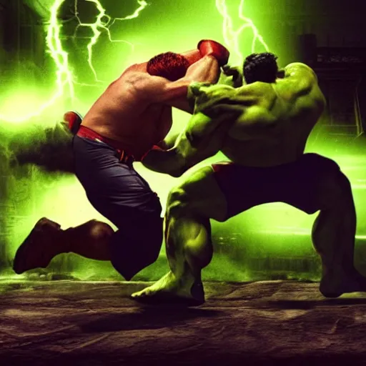 Image similar to hulk fighting juggernaut cain marko in an epic action scene, jumping, fists, explosive, marvel cinematic universe, photo realistic, super high resolution, shocking lights