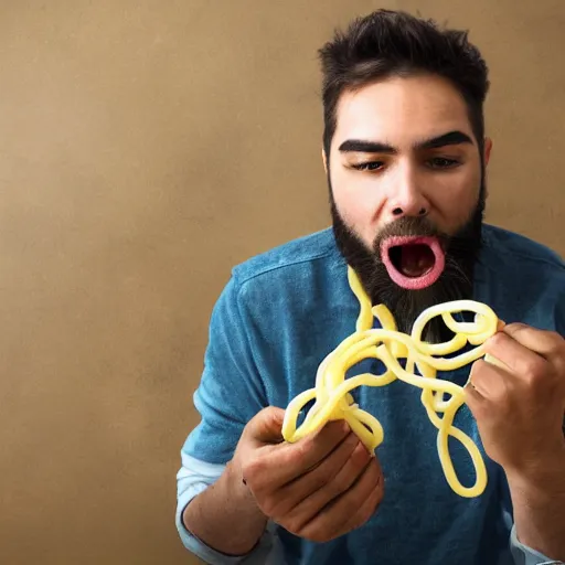 Image similar to a man eating snakes like noodles