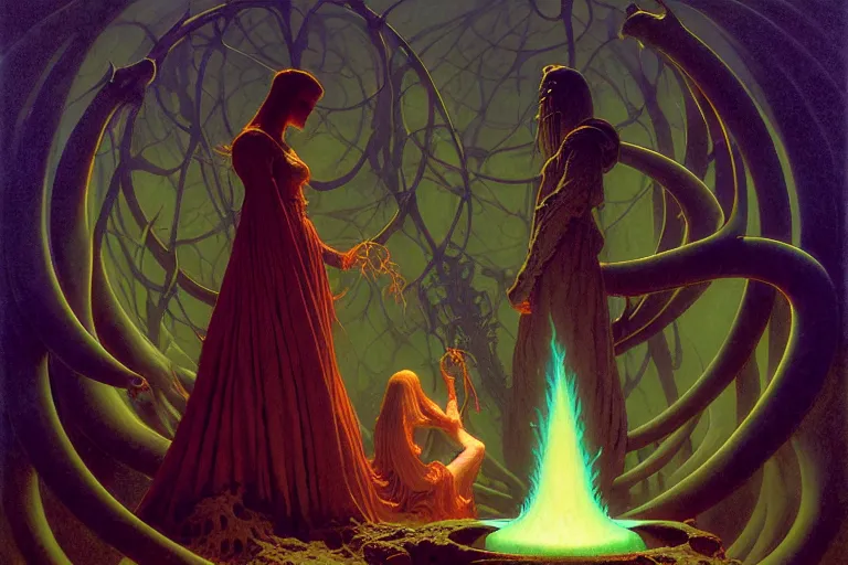 Image similar to the female arcanist and the male artificer by zacharias aagaard and albert bierstadt and gerald brom and zdzisław beksinski and james gilleard and wayne barlowe and marc simonetti and jean delville, beautiful, highly detailed, hyperrealistic, intricate, energy, electricity, blue flame, low light, green crystal, high contrast