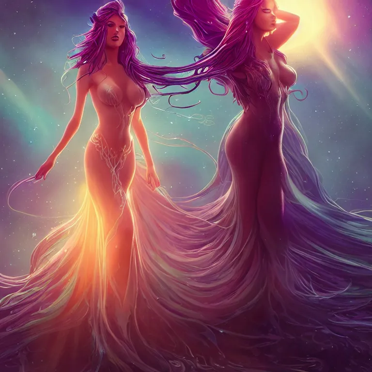 Image similar to beautiful cinematic fantasy poster, a beautiful glistening bioluminescent mermaid wearing a long flowing gown with flowing illuminated hair, beautiful glowing galaxy eyes, wideshot ultrawide angle epic scale, hybrid from The Elden Ring and art direction by Darius Zawadzki ;by artgerm; wayne reynolds art station; cinematic quality character render; low angle; ultra high quality model; production quality cinema model;