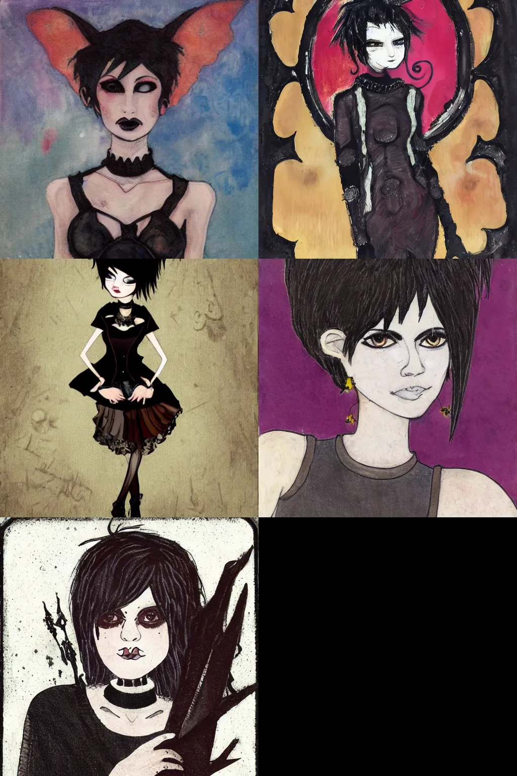 Prompt: goth by affandi. high - quality character portrait. short dark brown messy pixie haircut, large black eyes, slightly rounded face, pointed chin, small nose, black tank top, black leather jacket, black knee - length skirt, black choker.